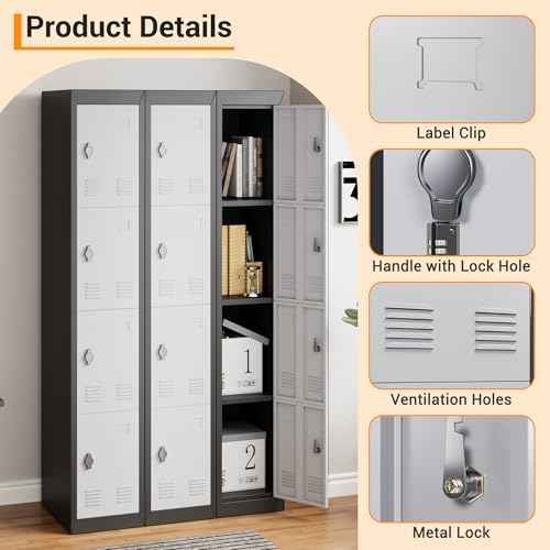GarveeTech 72’’ Metal Storage Cabinet with 4 Door, Lockers for Employees Students with Shelves, Metal Storage Steel Locker for School Office Gym Home Warehouse, Assembly Required, Grey+Black