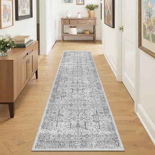 Washable 2x8 Runner Rug - Non Slip Vintage Kitchen Runner Rugs Low-Pile Distressed Long Rugs for Hallway Waterproof Indoor Carpet for Living Room Bedroom Entryway 2'x8' Grey