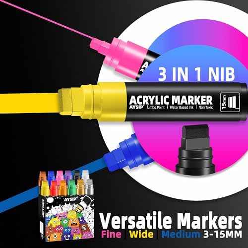12 Colors Jumbo Markers Set, 15mm Large Wide Tip, Thick Acrylic Paint Markers for Painting, Rock, Window, Glass, Wood, Fabric