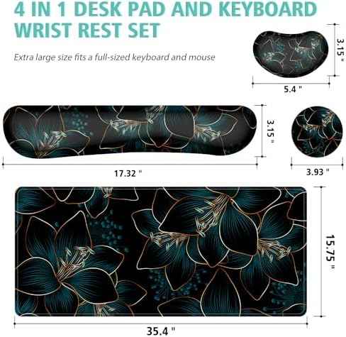 Keyboard Mouse Pad Set,Large Gaming Mouse Pad+Keyboard Wrist Rest+Wrist Rest+Coaster,Computer Desk pad Set Wrist Support for Office Desktop Laptop. (35.4" x 15.7") Extended Desk Mat (Floral)