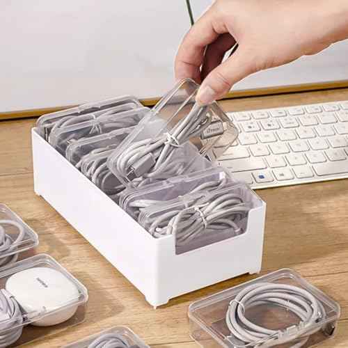 Cable Organizer Storage Box with 7 Wire Ties,Desktop Cable Management Box with Switch, Power Cord Organizer for Office,Home,Desk Accessories Storage Stationery Supplies（Clear）