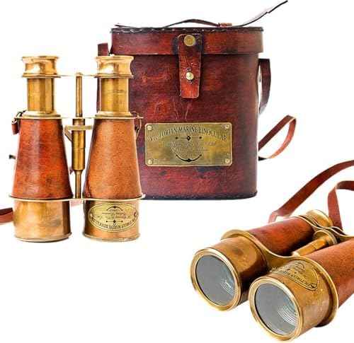 Victorian Marine Binocular, Antique Brass and Leather, Nautical Style, with Leather Carrying Case, Outdoor Camping