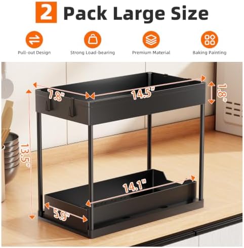 Simple Trending Under Sink Organizer 2 Pack, Sink Pull-Out Sliding Storage Cabinet, 2-Tier Under Shelf Organizer for Kitchen Bathroom, Black