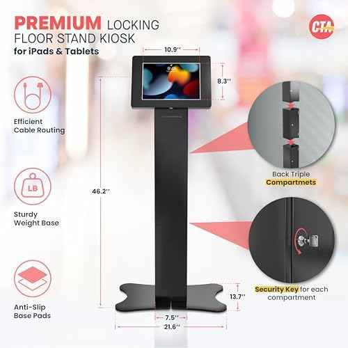 CTA Digital Locking Kiosk & Enclosure – Premium Locking Floor Stand Kiosk with Universal Security Enclosure - Storage and Cable Management for Retail POS - Ordering Screens & More Black (PAD-PARAFPE)