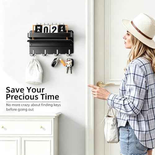 Modern Key Holder Wall Mount with Shelf, Metal Mail Holder with 8 Key Hooks