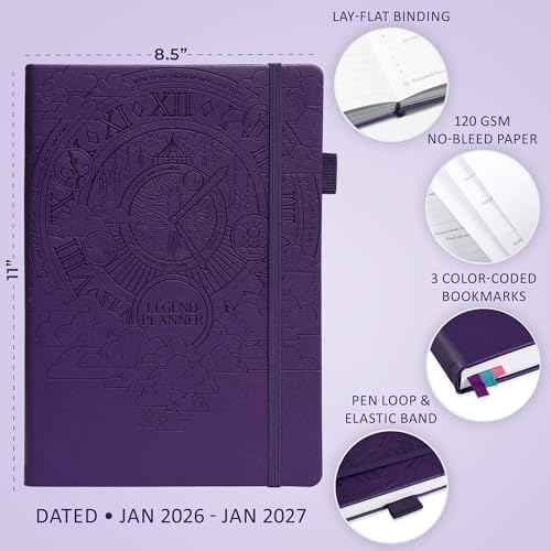 Legend Hourly Schedule Planner PRO Dated Jan 2026-Jan 2027 – Deluxe Weekly & Daily Organizer with Time Slots. Appointment Book Journal for Work & Time Management, A4 Hardcover, Purple