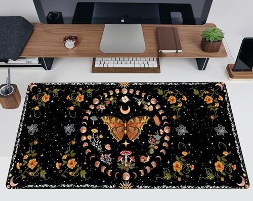Moth Desk Pad Mushroom Phase Moon Phase Desk Mat, Boho Flowers and