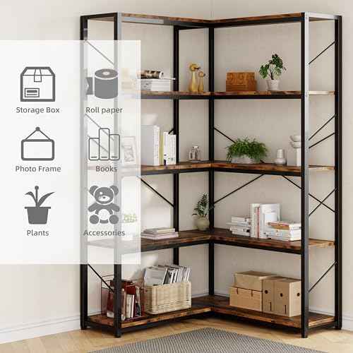 Shintenchi 5 Tier Corner Bookshelf, L Shaped Large Bookcase, Rustic Brown