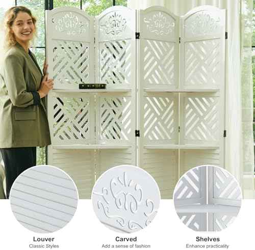 Svimi Room Divider with Shelves, 68.9inch Wood Carved and Louvered Wall Divider Freestanding, 4 Panels Folding Partition Screen for Bedroom Home Office (White)