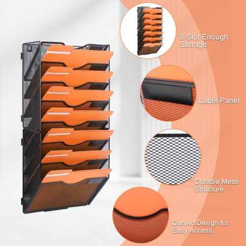 COSYAWN 8 Tier Mesh Hanging Wall File Organizer, Wall Mounted Mail Paper Document Folder Holder for Office Home School, Black