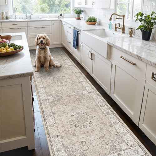 Hallway Washable Runner Rug - 2x10 Kitchen Rugs Entryway Rug Runner Vintage Soft Floor Mat Non Slip Indoor Farmhouse Carpet for Bathroom Living Room Bedroom (2 X 10, Beige)