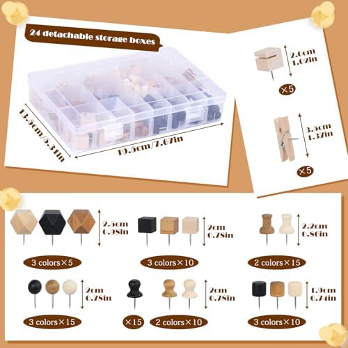 196 PCS Wooden Push Pins Thumb Tacks Decorative Push Pins for Cork Board