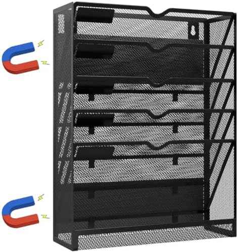6 Tier Magnetic File Holder, Large Capacity Mesh Hanging Wall Organizer Vertical Magnetic Hanging File Organizer, Magnetic File Folder Holder for File Cabinets, Office, Whiteboard (Black)