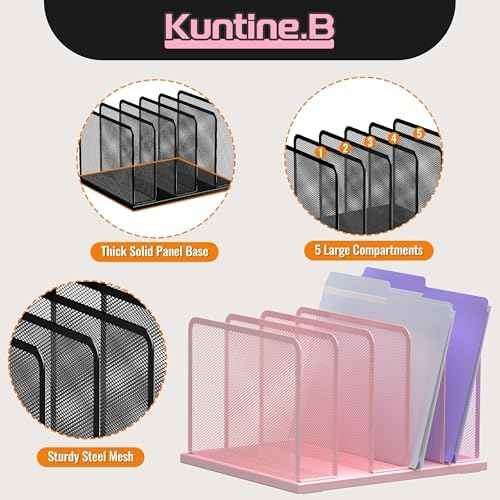 Kuntine.B 5-Section Upright Desk File Organizer Pink 1 Pack