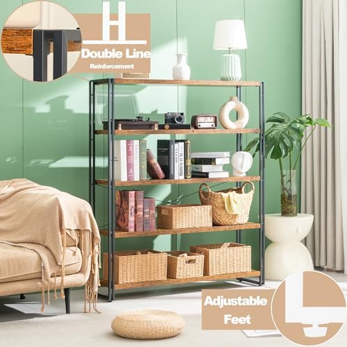 HCHQHS Bookshelf, 5-Tier Industrial Bookcase, Rustic Open Book Shelf