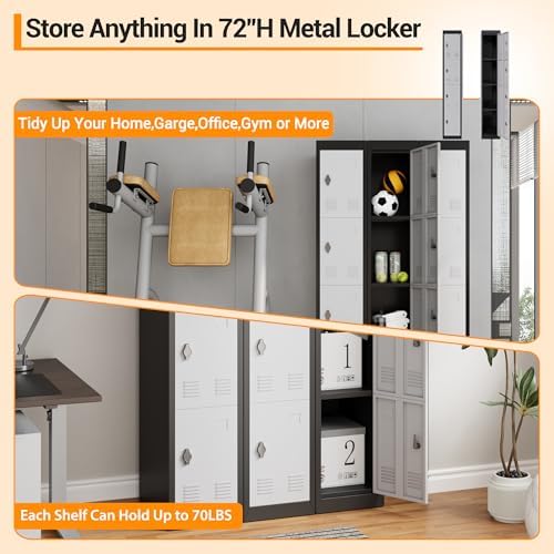 GarveeTech 72’’ Metal Storage Cabinet with 4 Door, Lockers for Employees Students with Shelves, Metal Storage Steel Locker for School Office Gym Home Warehouse, Assembly Required, Grey+Black