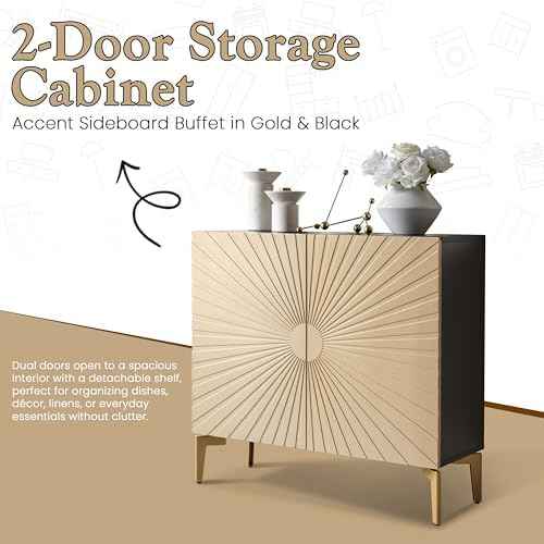 Kings Brand Furniture 2-Door Storage Cabinet – Accent Sideboard Buffet in Gold & Black, Storage Cabinet for Living Room, Hallway, Kitchen, Dining Room, or Entryway