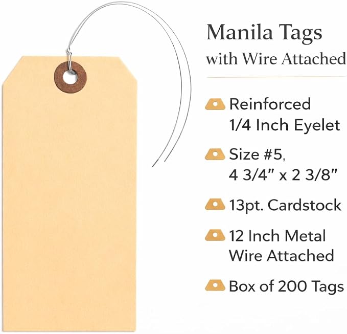 Durable Shipping Tags with Wire Ties – 200 Tags # 5, 4 3/4" x 2 3/8" – Manila - Image 2