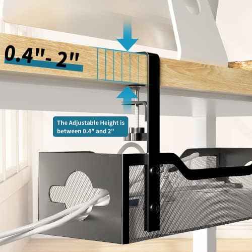Under Desk Cable Management Tray No Drill, Metal Mesh Cable Management Under Desk with Clamp Mount, 2 Hole Cable Tray with Wire Management and Cord Organizer for Home Office Standing Desk