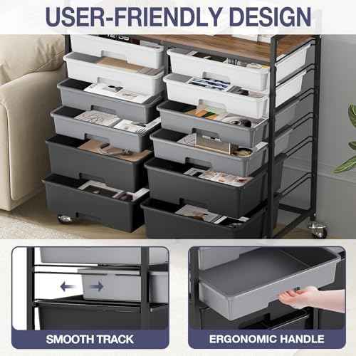 TOOLF 12 Drawers Rolling Storage Cart with Wooden Top for Classroom,Grey