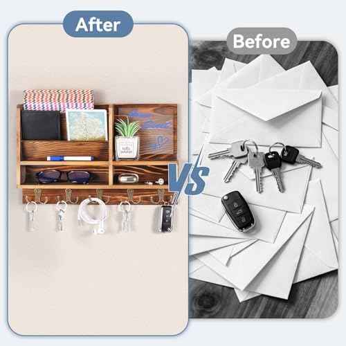 Key Holder Wall Mount, Mail Organizer Wall Mounted, Solid Wood Key Holder for Wall Living Room Entryway Home Decor, with 10 Key Hooks, Shelf, Marker Pen, 15.7" x 10.2" x 2.8"
