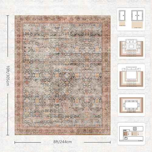 8x10 Area Rugs for Living Room - Washable Vintage Retro Large Rug, Soft Ultra Thin Non Slip Low Pile Traditional Distressed Boho Carpet for Bedroom Dining Room Home Office, Rust Clay