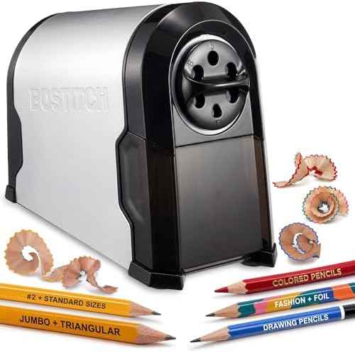 Bostitch Office SuperPro Glow Electric Pencil Sharpener, Sharpens Standard & Colored Pencils, Heavy Duty Commercial Classroom, Replaceable Cutter Cartridge System, 6-Hole, Silver/Black