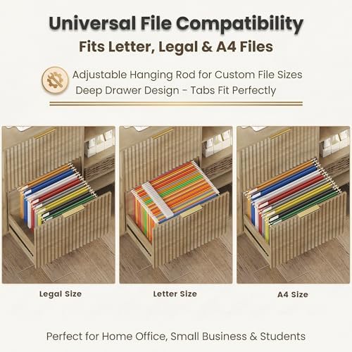 Filing Cabinet for Home Office, Fluted Wood File Cabinet with 2 Drawers Fit Letter/Legal/A4 Folders with Tabs, 43.3"W Printer Stand with Lock & 2 Power Outlets, 6 Storage Shelves (Natural Oak)