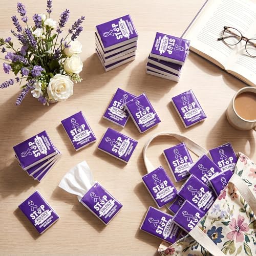 Tinlade 50 Pack Domestic Violence Awareness Pocket Tissues Gifts Bulk Purple Ribbon Travel Packs Bulk Birthday Decor 3 Ply Mini Travel Size for Women Men Event Support Charity Supplies Favor Gifts