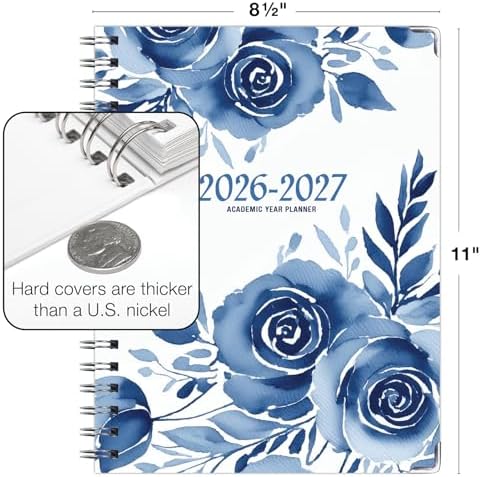 HARDCOVER Academic Year 2026-2027 Planner: 14 Months (May 2026 Through June 2027) 8.5"x 11" Daily Weekly Monthly Planner Yearly Agenda. Bookmark, Pocket Folder and Sticky Note Set (Blue Bloom)