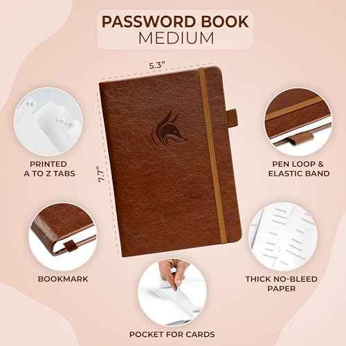 Clever Fox Password Book with Alphabetical Tabs, 5.3"x7.7" Keeper Brown
