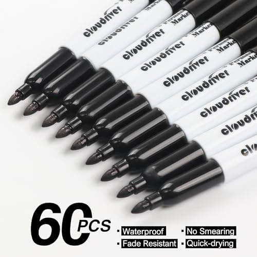 cloudriver Black Permanent Markers Fine Tip, 60 Packs Permanent Markers Bulk, Quick Drying & Fade Resistant, Permanent Marker Set Works on Plastic,Wood,Stone,Metal and Glass for Doodling, Marking