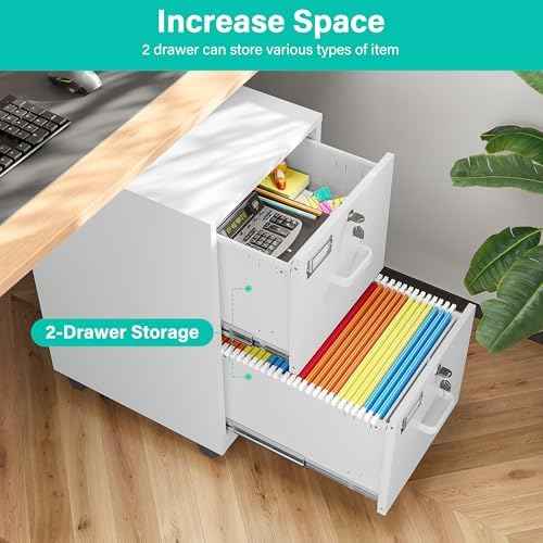 SISESOL 2 Drawer File Cabinet with Lock and Wheels,White Rolling File Cabinets,Locking Mobile Metal Filing Cabinet for Home Office,Under Desk,Fit A4/Letter/Legal File, Easy Assembly