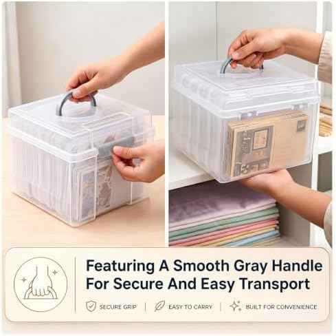Yesland 5x7inch Photo Storage Box, 6 Inner Photo Cases Keeper with Handle, Clear Plastic Seed Organizer, Craft Storage Container for Greeting Cards Pictures Stamps Scrapbooking Office Supplies