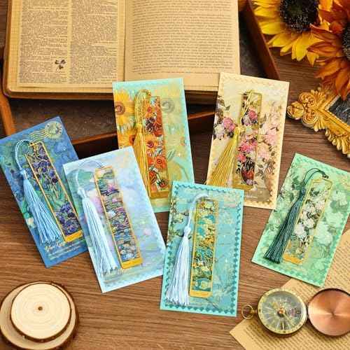 6 Pieces Metal Bookmarks with Tassel, Golden Hollow Bookmark Van Gogh and Claude Monet Oil Painting Theme Book Mark Bookmarks for Book Lovers Writers Readers Children Teens Men Women (6Pcs)