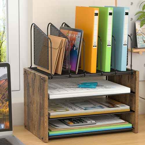 4-Tier Desk Organizer, Desk File Organizer with 5 Vertical File Holders, Office Desktop Organizer with 3 Level Paper Organizer Letter Tray, Wooden Desk Organizers and Accessories for Home Office