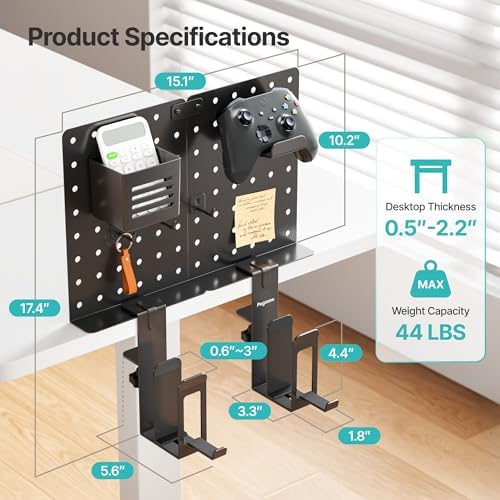 PEGZONE Clamp on Desk Pegboard Shelf, with 2-Slot Under Desk Laptop Holder