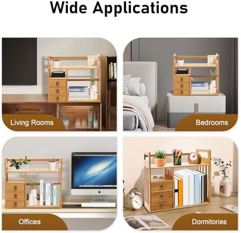 Desktop Storage Shelf, Bamboo Home Office Storage Rack with 3 Drawers, Modern Rectangular Desktop Organizer, File Holder Storage Rack for Office Home School