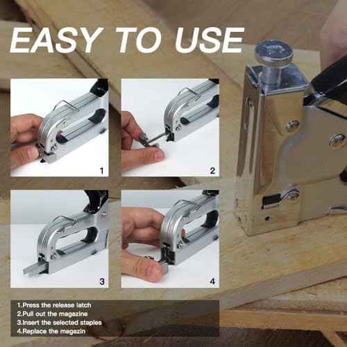 Upholstery Staple Gun Heavy Duty, DEWBIN 4 in 1 Stapler Gun with 2000 Staples, Manual Brad Nailer Power Adjustment Furniture Stapler Gun for Wood, Carpentry, Decoration DIY Staple Gun