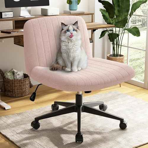 SUNLEI Cross Legged Office Chair with Wheels, Armless Wide Chair's for Vanity Desk, Criss Cross Comfy Chairs with Back, Desk Chair/s of Height Adjustable Swivel, Pink