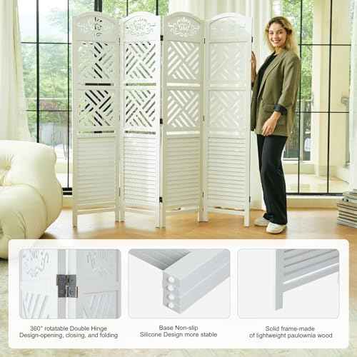 Svimi Room Divider with Shelves, 68.9inch Wood Carved and Louvered Wall Divider Freestanding, 4 Panels Folding Partition Screen for Bedroom Home Office (White)