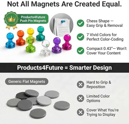 56 Colorful Magnets for Whiteboard | 7 Assorted Color Strong Push Pin Magnets | Perfect Magnetic Push Pins to use as Refrigerator Magnets, Whiteboard Magnet, Classroom Magnet