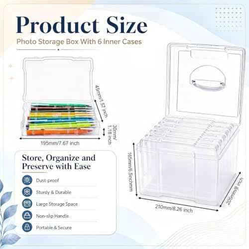 Yesland 5x7inch Photo Storage Box, 6 Inner Photo Cases Keeper with Handle, Clear Plastic Seed Organizer, Craft Storage Container for Greeting Cards Pictures Stamps Scrapbooking Office Supplies
