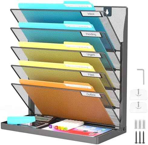 Legal/Letter Size Hanging Wall File Organizer Desktop Self Standing File Organizer,6-Tier Wall Mount Paper Document Folder Holder,Metal Mesh Magazine Rack for Office Home, Black
