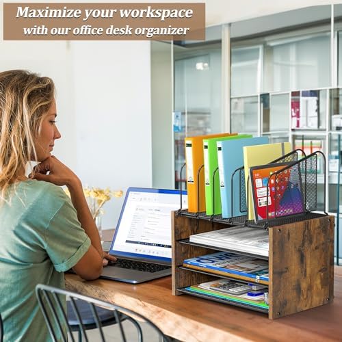 4-Tier Desk Organizer, Desk File Organizer with 5 Vertical File Holders, Office Desktop Organizer with 3 Level Paper Organizer Letter Tray, Wooden Desk Organizers and Accessories for Home Office