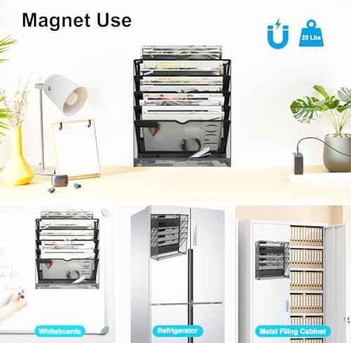 6 Tier Magnetic File Holder, Large Capacity Mesh Hanging Wall Organizer Vertical Magnetic Hanging File Organizer, Magnetic File Folder Holder for File Cabinets, Office, Whiteboard (Black)