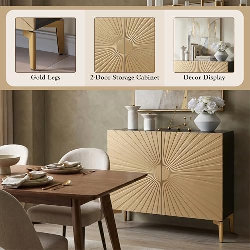 Kings Brand Furniture 2-Door Storage Cabinet – Accent Sideboard Buffet in Gold & Black, Storage Cabinet for Living Room, Hallway, Kitchen, Dining Room, or Entryway