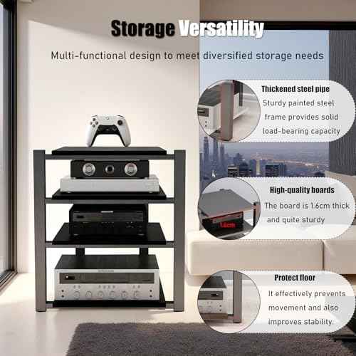 Heavy Duty Audio Rack Tower, Av Media Player Stand with Wooden Shelves, Black Cd Stereo Equipment Cabinet, Suitable for Home,Office/Audio Video/Theate (Black, 2 Tier)