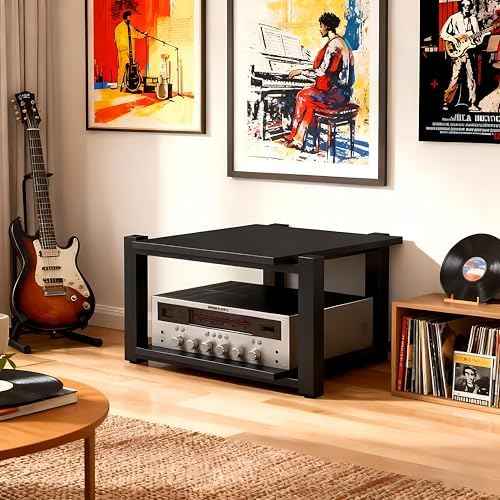 Heavy Duty Audio Rack Tower, Av Media Player Stand with Wooden Shelves, Black Cd Stereo Equipment Cabinet, Suitable for Home,Office/Audio Video/Theate (Black, 2 Tier)