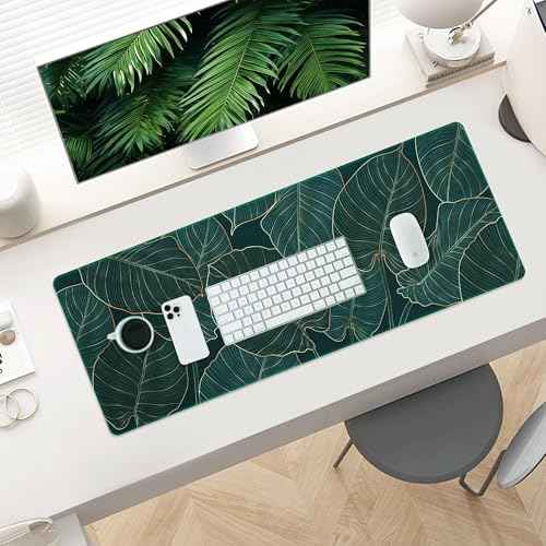 ALOANES Waterproof Mouse Pad with Durable Stitched Edge, XL Extended Desk Pad, Non-Slip Rubber Base Gaming Keyboard Pad for Office & Home, Green Leaves Design (2-Pack, 31.5"x11.8")